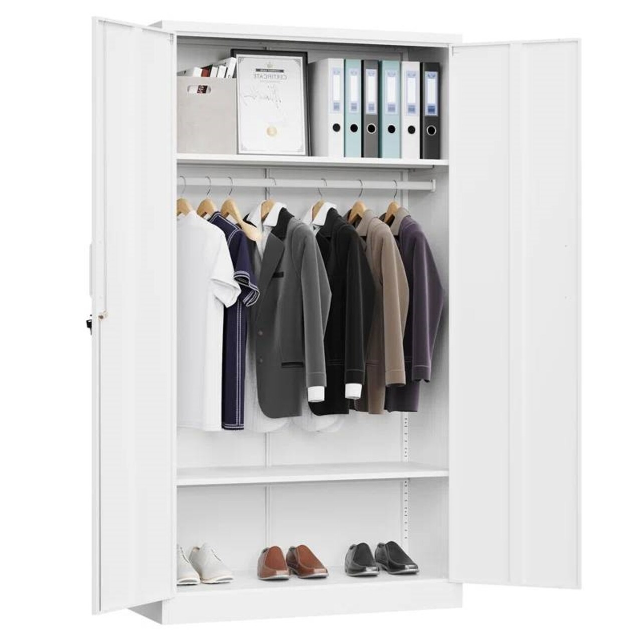 White Steel Wardrobe Armoire Cabinet with Clothing Rod and Adjustable Shelves 72 Inch
